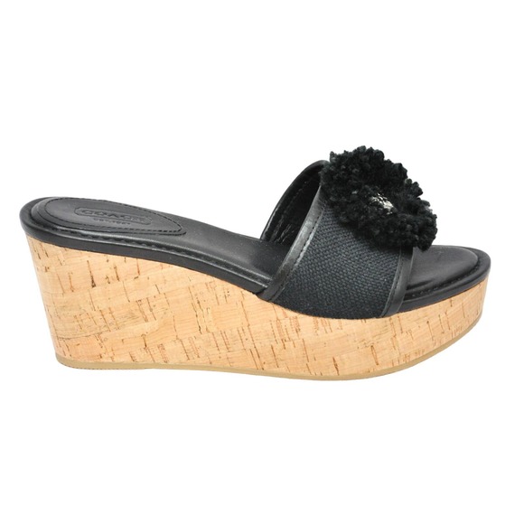 Coach Jazmin Leather/Canvas Cork Wedge Sandal Platform Slide Black 8.5 New - Picture 1 of 10